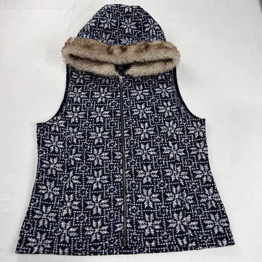 Talbots Vintage Snowflake Faux Fur Hooded Fleece Vest Women's size Large Petite